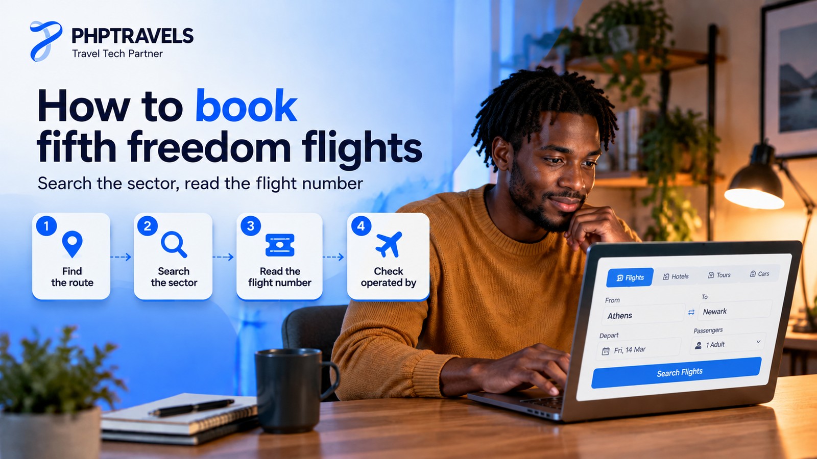 Travel agent at a home office desk searching a single fifth freedom sector on a laptop, with cards for the search steps from route list to operating carrier check