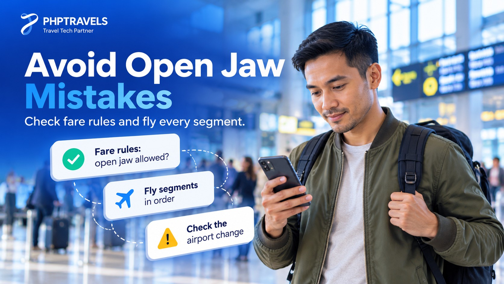 Traveller with a backpack in an airport arrivals hall checking his phone beside reminders to check open jaw fare rules, fly segments in order and note airport changes