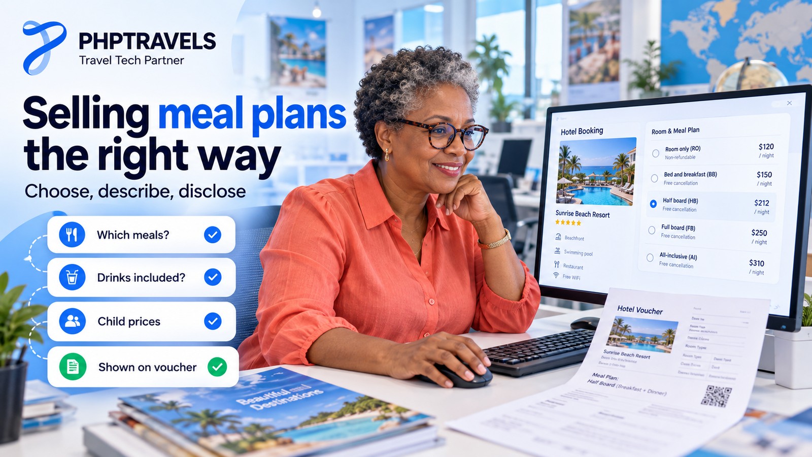 Travel agent at an agency desk selecting a half board rate on a desktop monitor, with a printed hotel voucher showing the meal plan and a checklist for meals, drinks and child prices