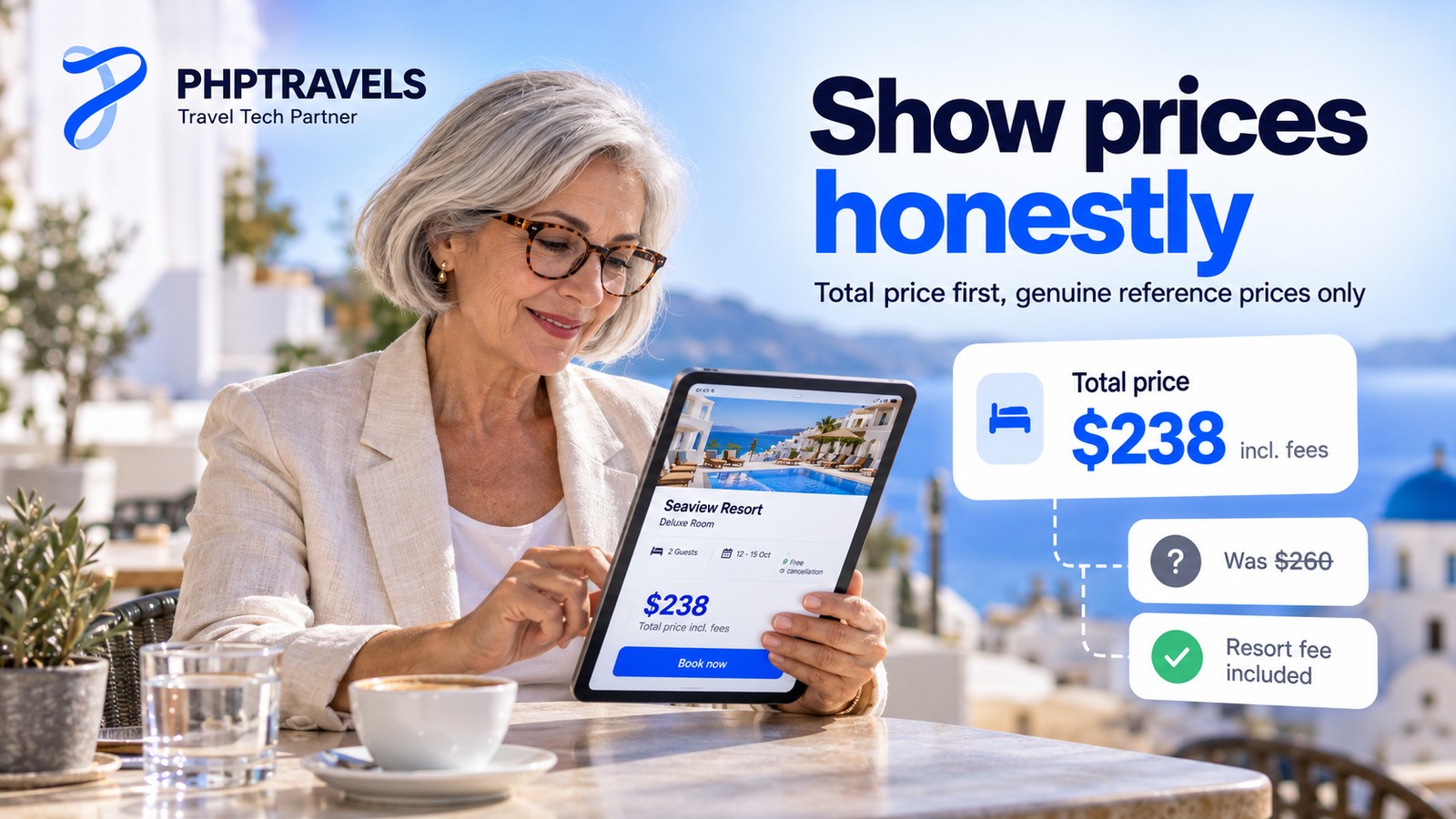 Traveller at a seaside cafe viewing a hotel offer on a tablet that shows the total price including the resort fee more prominently than a crossed-out rate