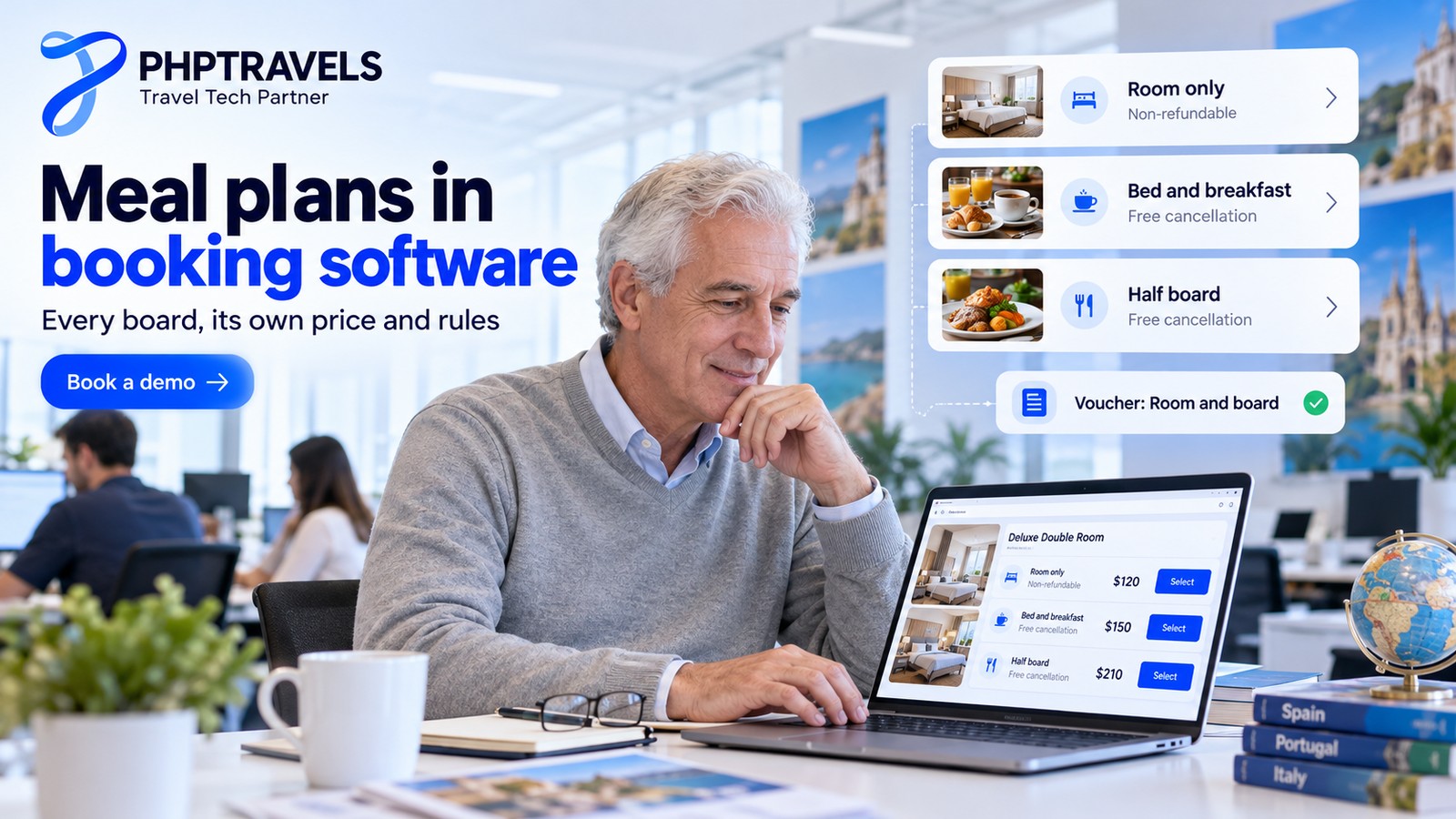 Travel company manager in an open-plan office comparing room only, bed and breakfast and half board rate plans with their cancellation terms on a laptop