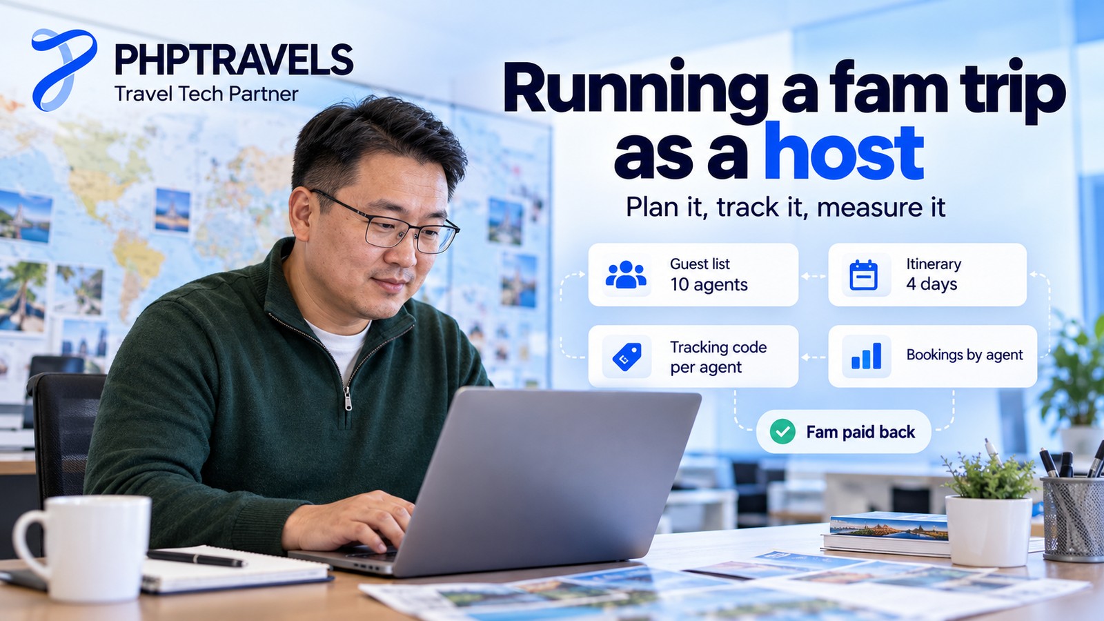 DMC manager planning a fam trip on a laptop that shows a tour departure and an agent booking portal, with cards for guest list, itinerary, tracking code and bookings per agent