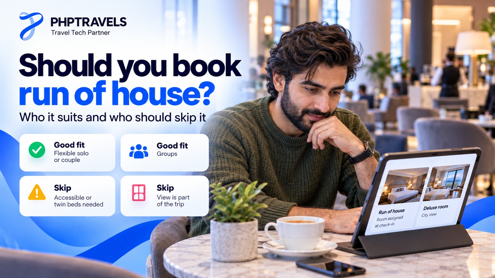 Traveller in a hotel cafe comparing a run of house rate with a named room rate on a tablet before booking