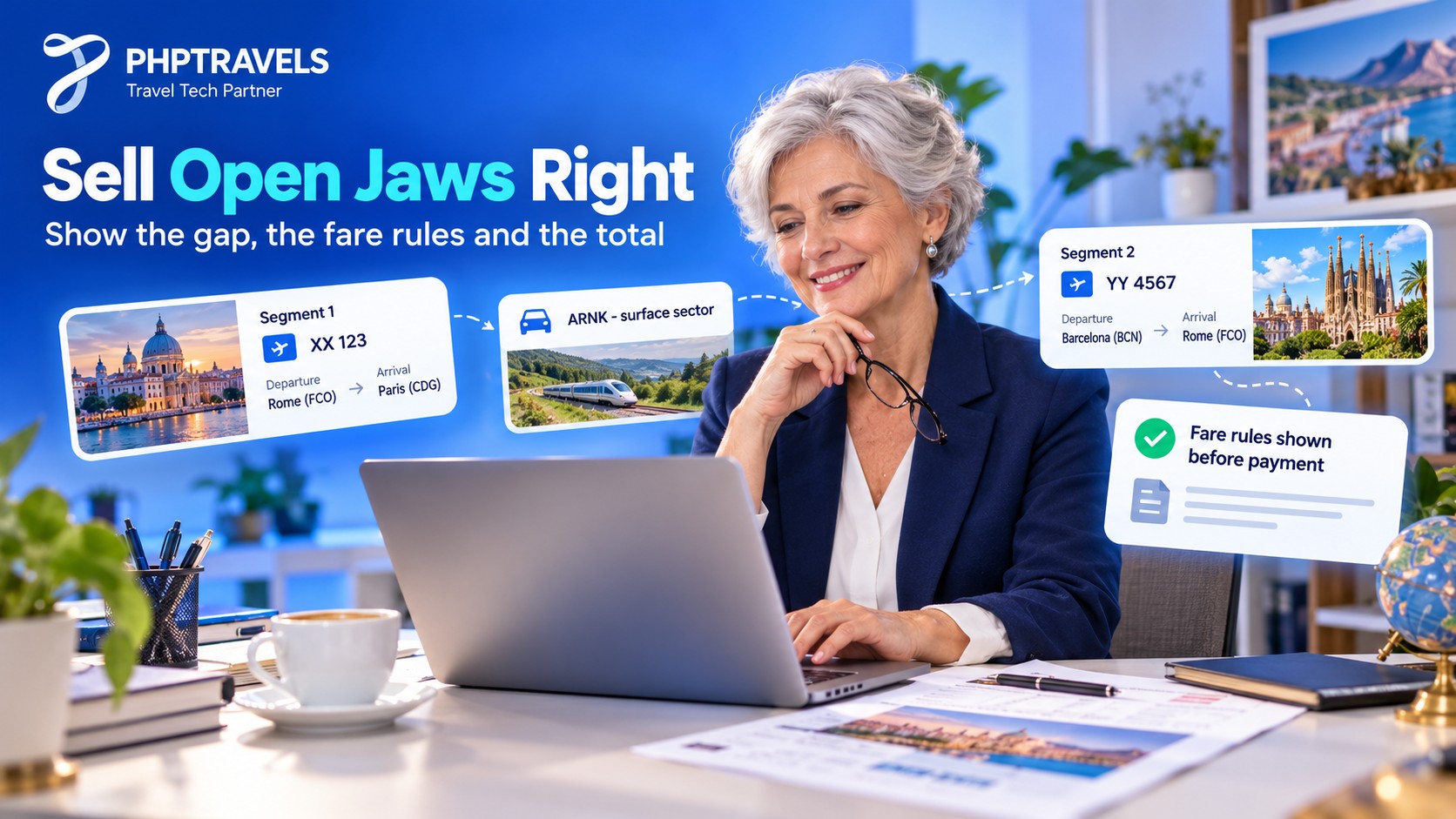 Travel agency owner on a laptop showing an open jaw itinerary with segment 1, an ARNK surface sector, segment 2 and fare rules shown before payment