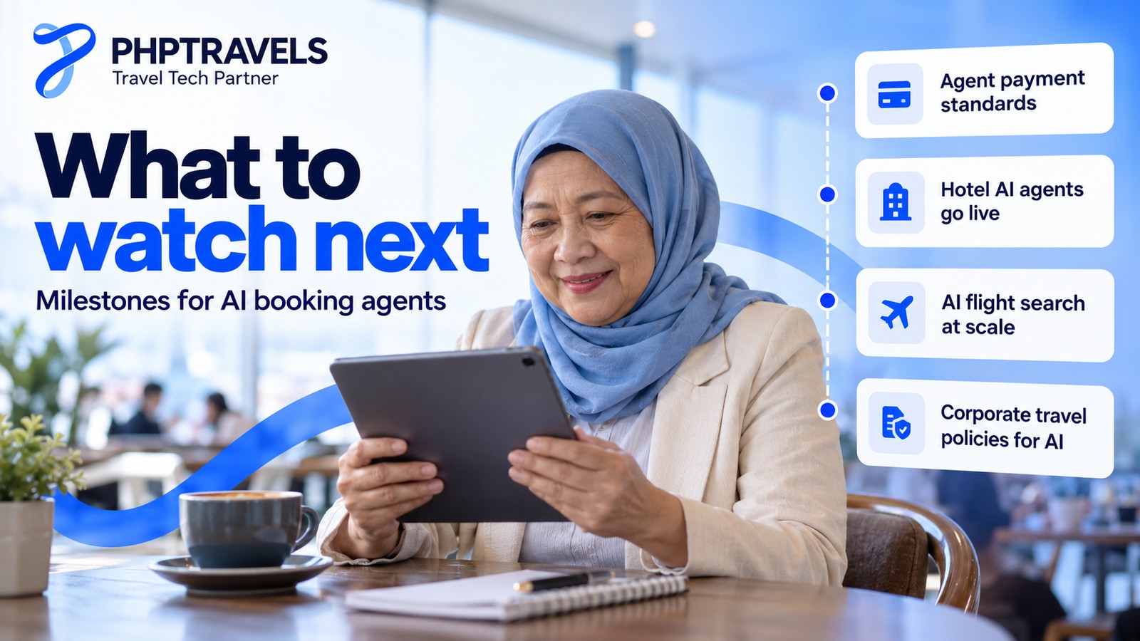 Senior consultant in a cafe reading a tablet timeline of upcoming AI booking milestones