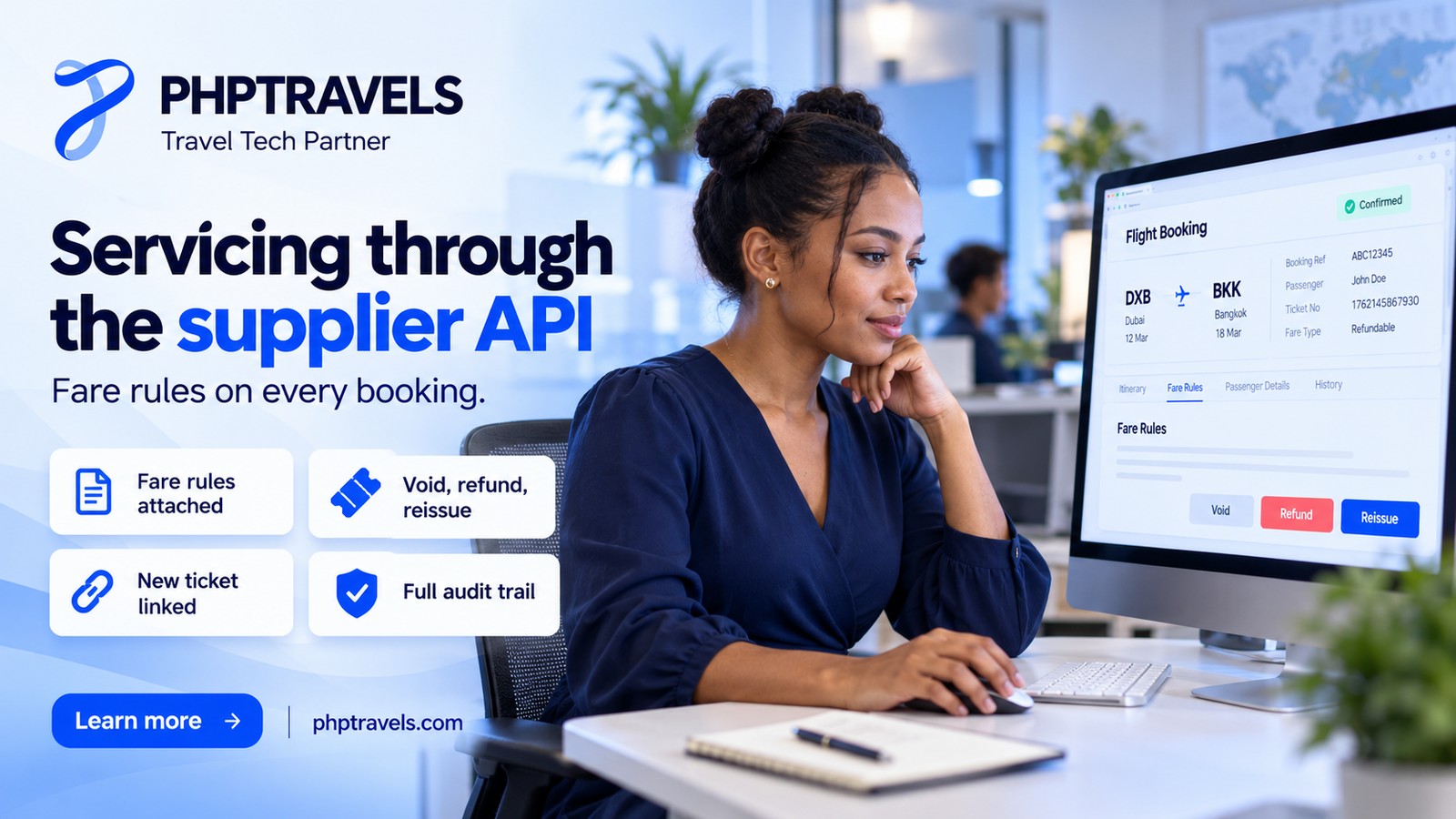 Travel agency operations manager on a large monitor viewing a flight booking with void, refund and reissue actions and the fare rules attached