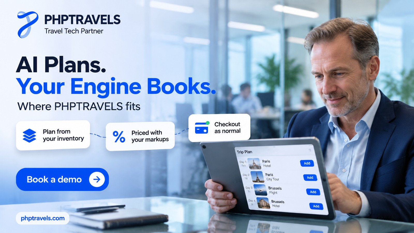 Travel company director in a glass meeting room reviewing an AI trip plan on a tablet where each item comes from live inventory and the booking engine prices it