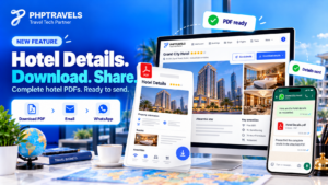 Hotel details PDF preview with download, email and WhatsApp sharing options