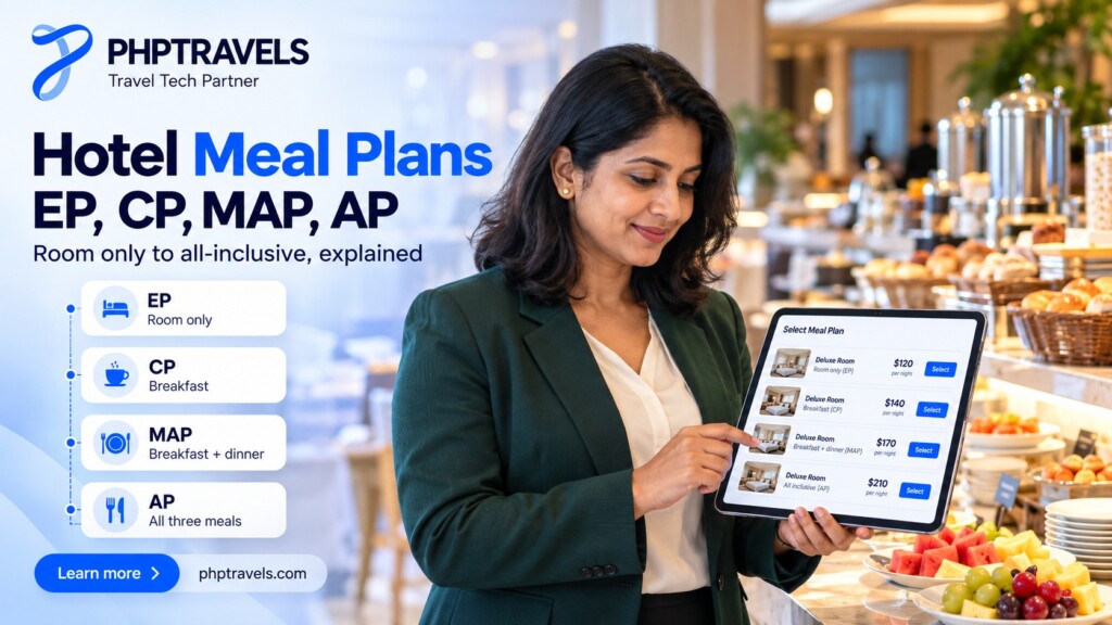 Hotel manager at a breakfast buffet holding a tablet that lists room only, breakfast, breakfast and dinner, and all-meals rate options for a deluxe room