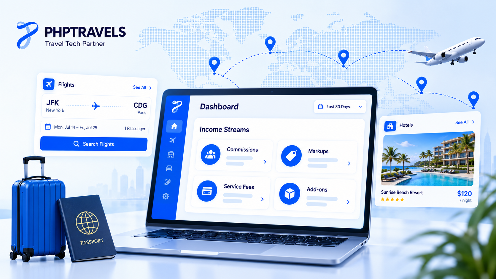 Diagram of travel agency revenue streams flowing from hotels, tours, flights and add-ons into one online booking platform