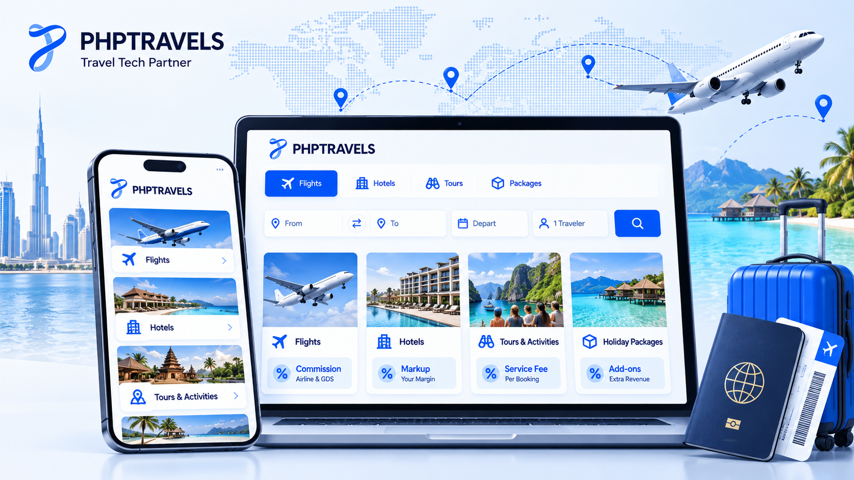 Flight, hotel, tour and holiday package cards each showing a different margin source for a travel agency