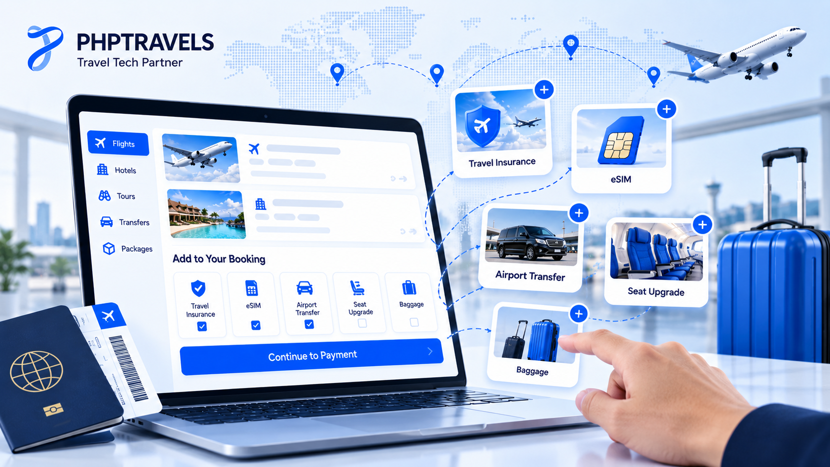 Traveler checkout screen adding eSIM, travel insurance, airport transfer and visa services to a booking