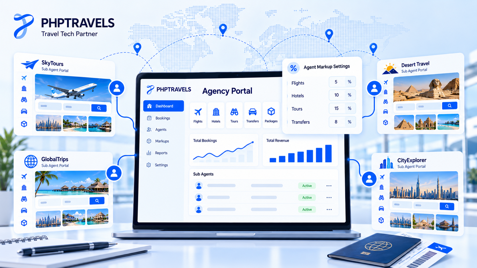 Wholesaler distributing hotel and flight inventory to a network of branded sub-agent travel portals