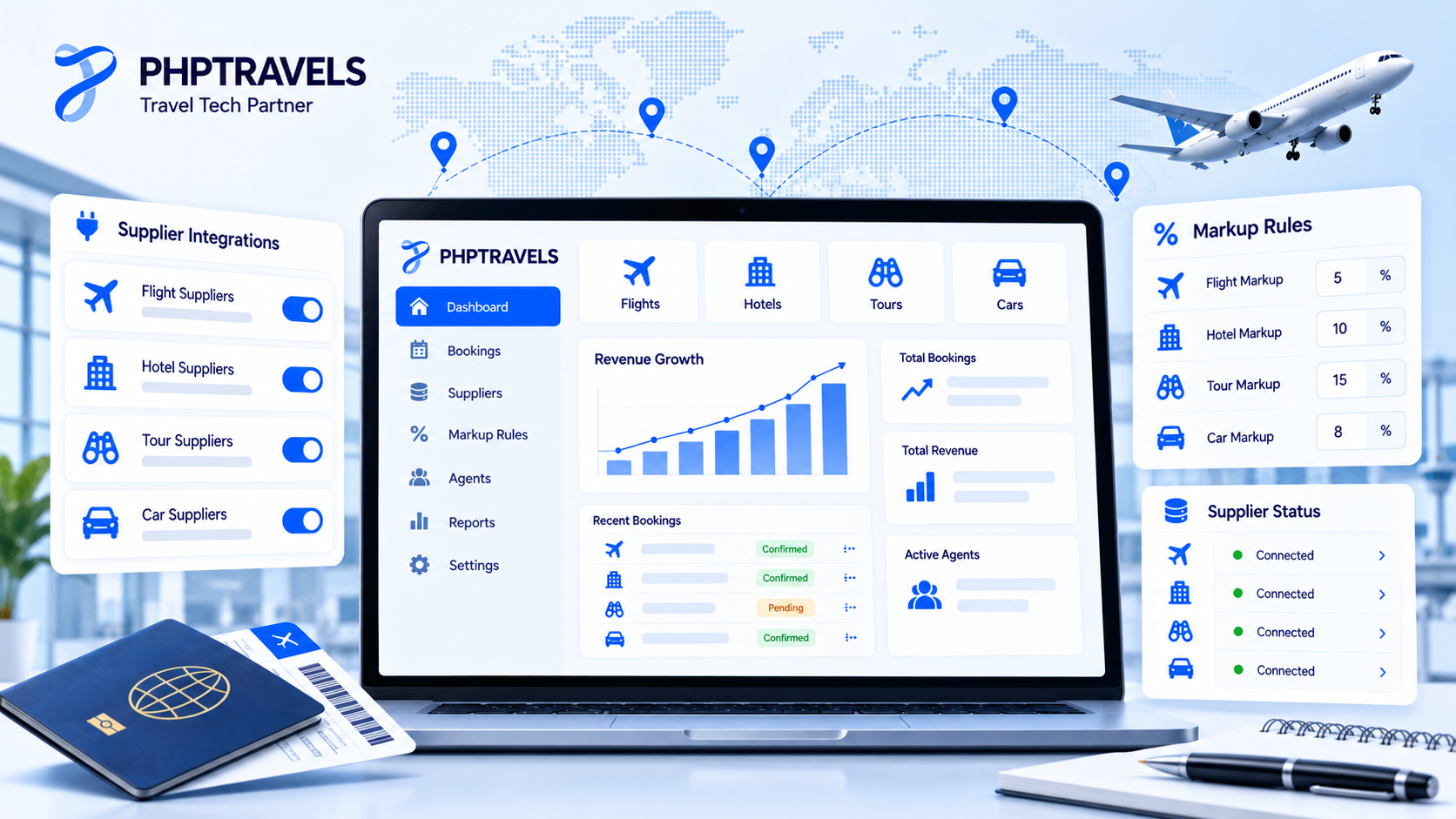 PHPTRAVELS travel booking dashboard showing markup rules, B2B agents and add-on modules in navy and blue