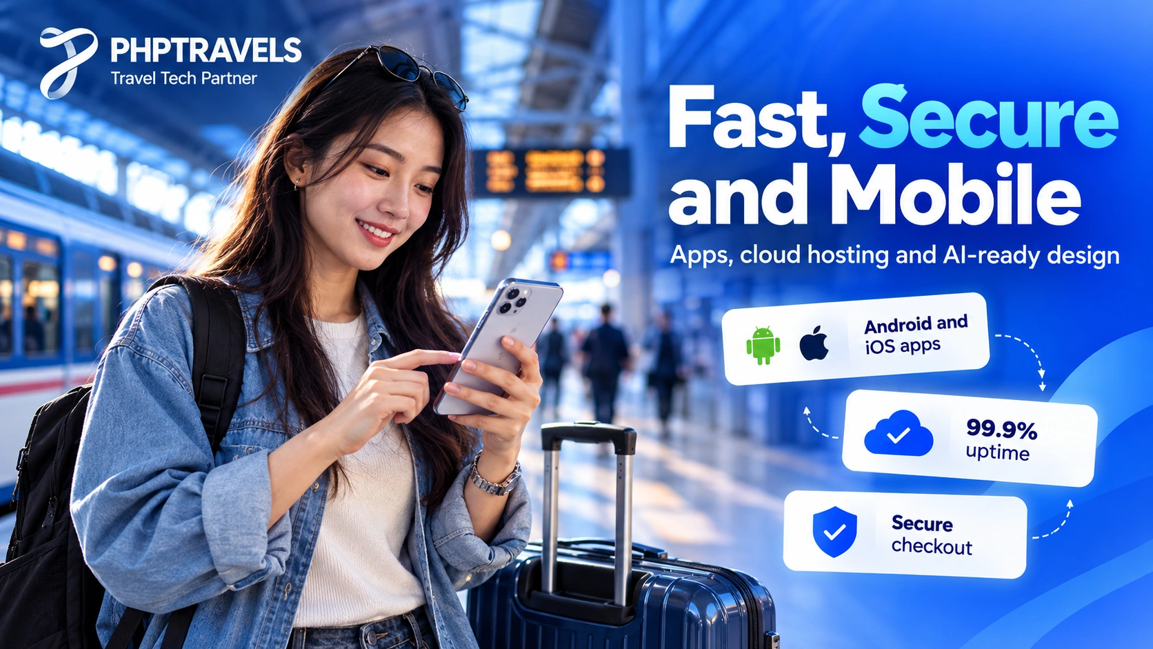 Mobile and cloud based travel portal solution with Android iOS apps, secure hosting and AI-ready travel technology