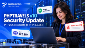 PHPTRAVELS v10 Security Update thumbnail with an IT admin in a server room and PHP 8.2.35 status cards