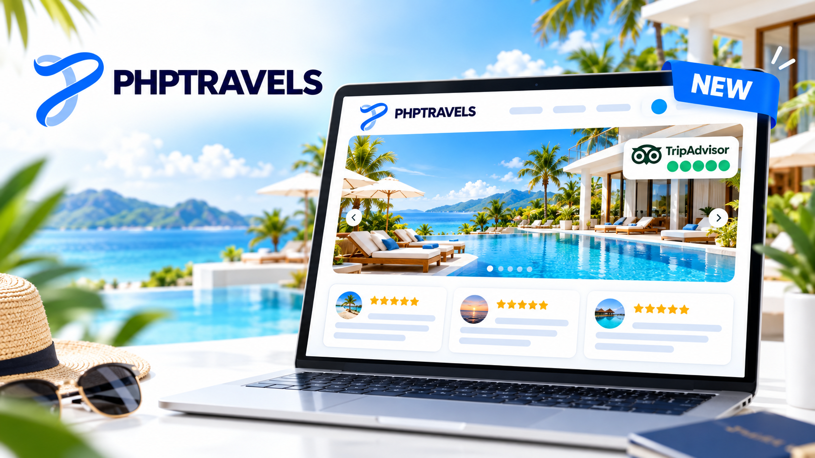 PHPTRAVELS hotel page on a laptop showing a TripAdvisor rating and traveler review cards