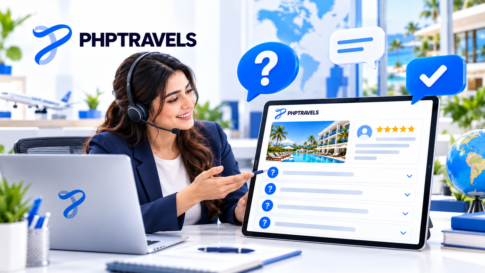Travel agent answering questions about TripAdvisor hotel reviews in the PHPTRAVELS platform