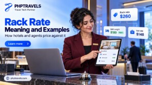 Hotel front-desk agent at a reception counter pointing to a tablet that lists a room's rack rate, tonight's best available rate and an agency net rate