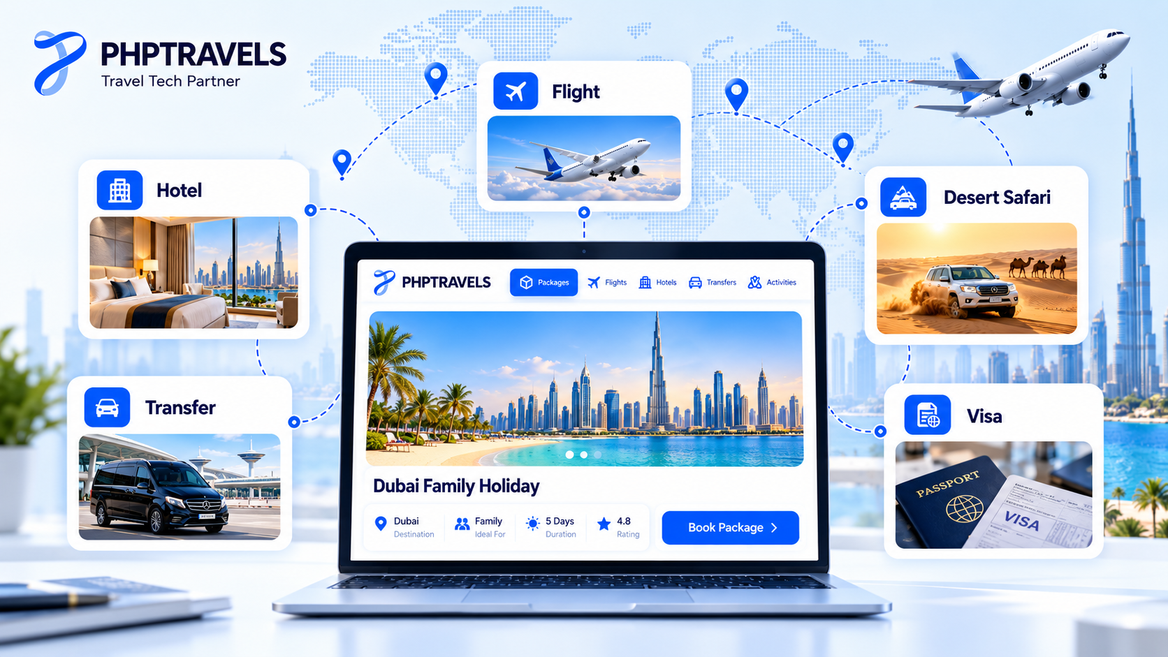 A Dubai family holiday shown as one tourism product made of flight, hotel, transfer, desert safari and visa cards