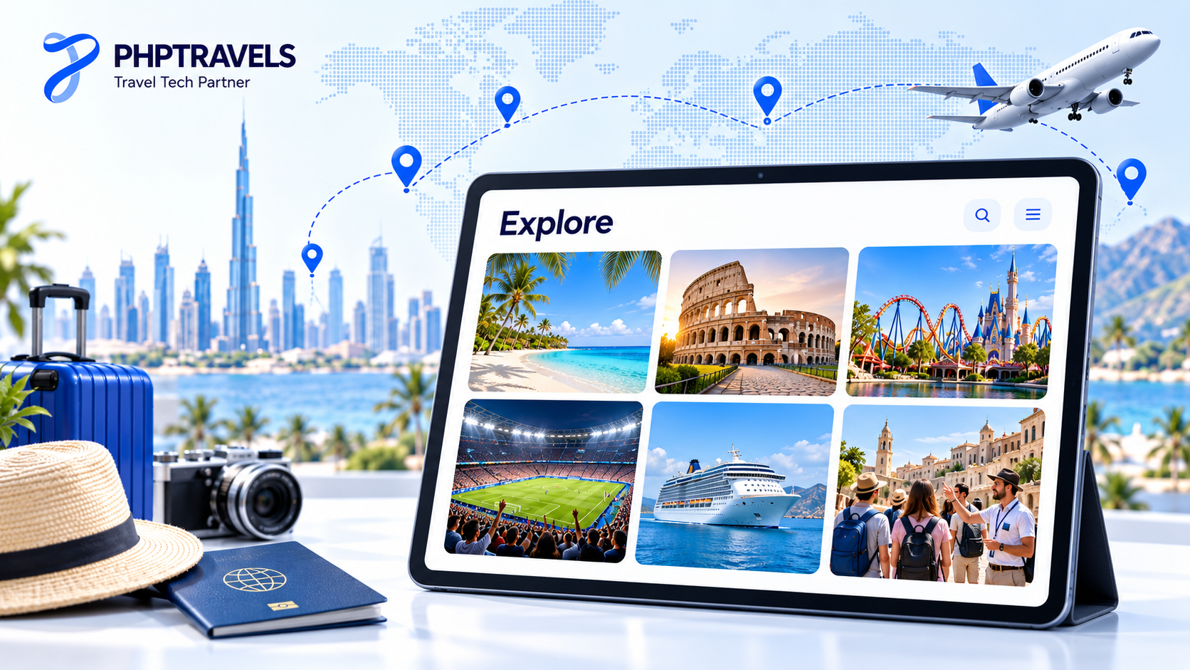 Types of tourism products on a tablet: beach, heritage monument, theme park, stadium event, cruise and guided tour