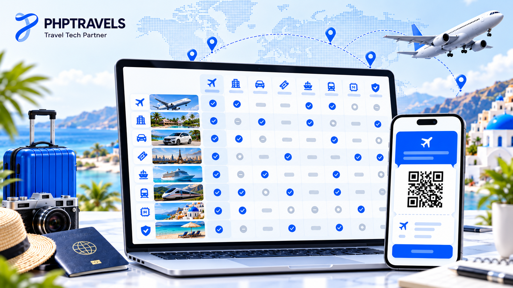 Tourism products examples table with flight, hotel, car, ticket, cruise, rail, eSIM and insurance icons beside a phone ticket