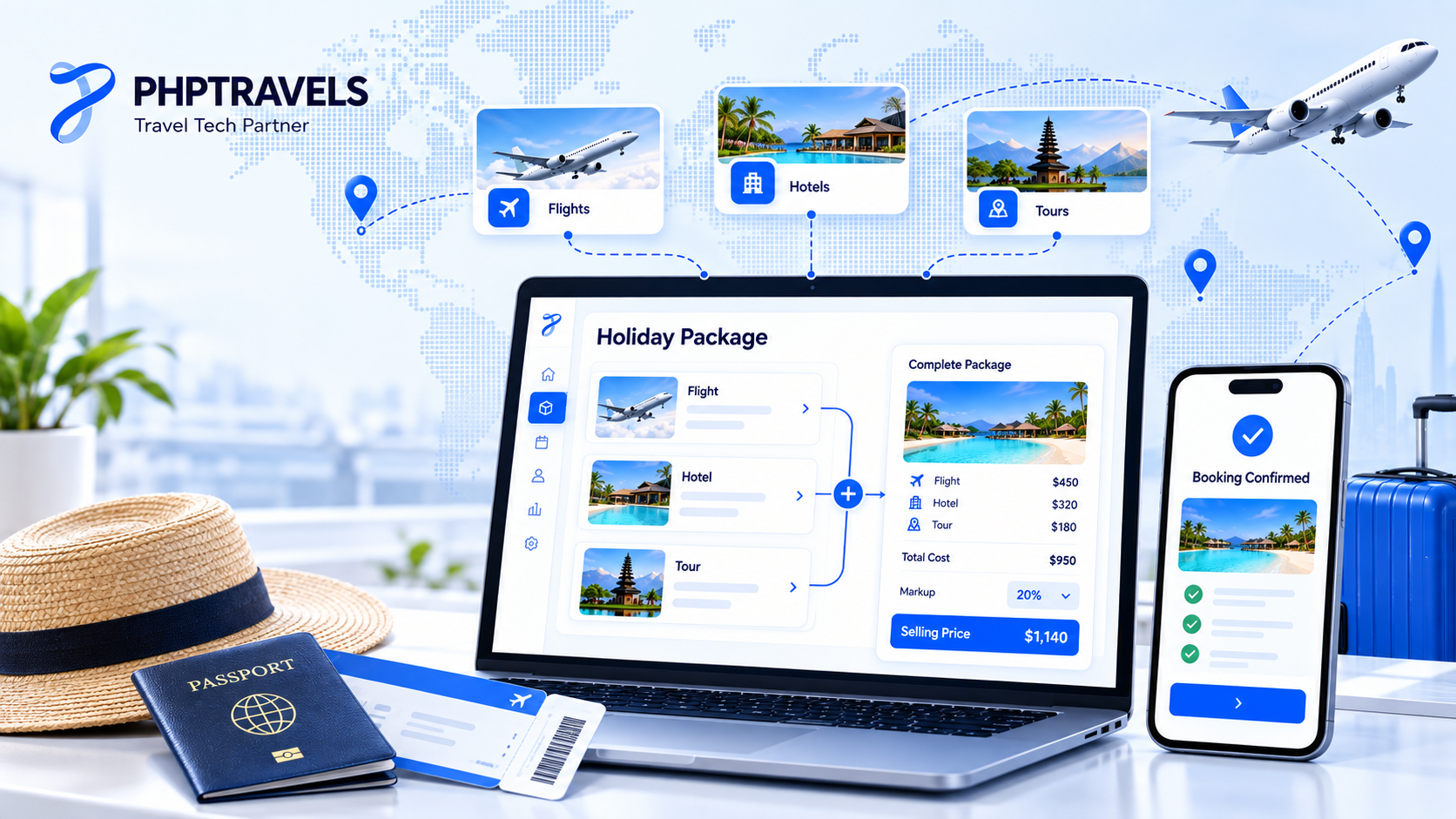 Holiday package combining flights, hotels and tours supplier cards into one priced tourism package with a markup