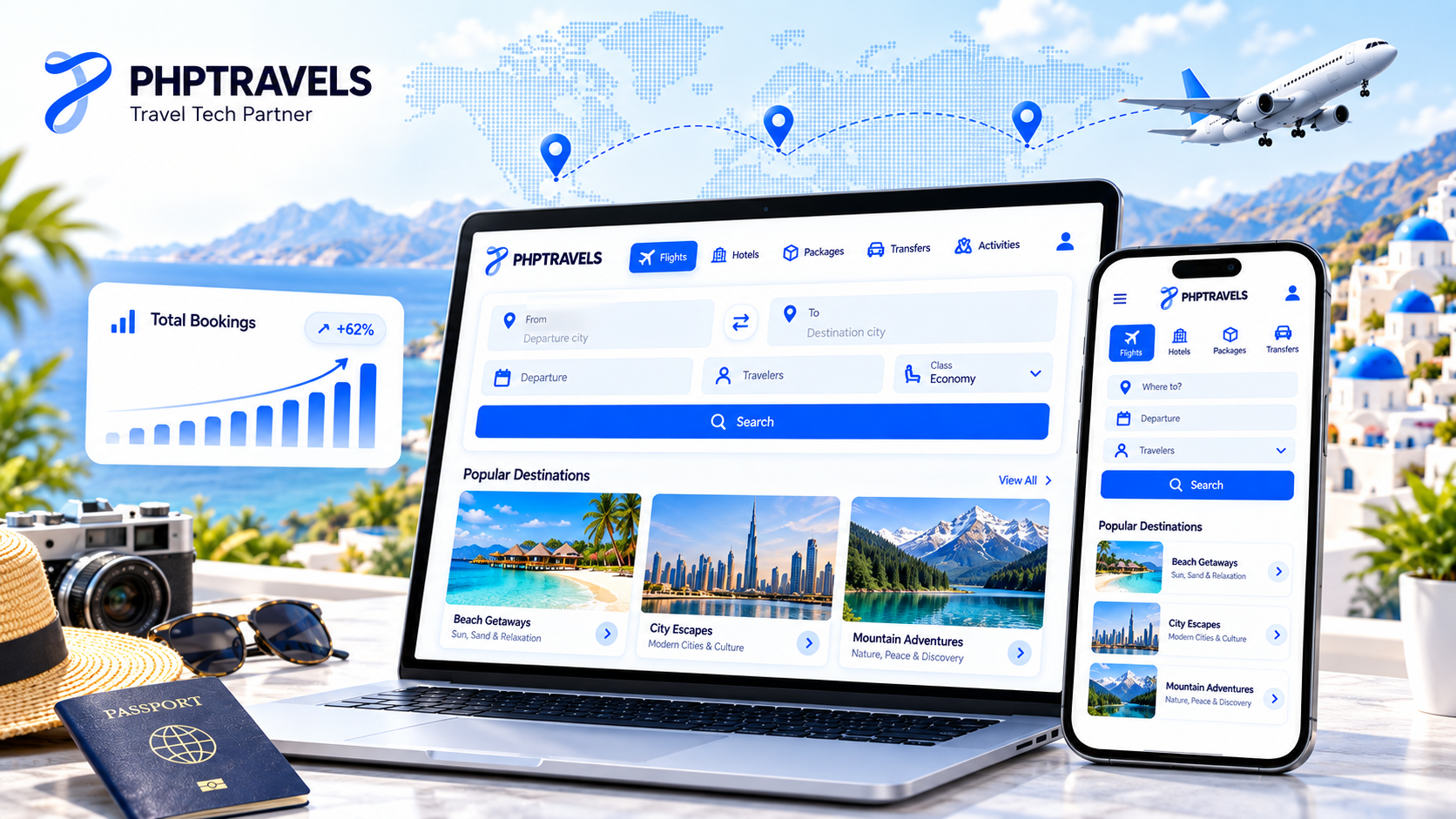 Laptop and phone showing a travel booking website with destination cards and a growing bookings chart
