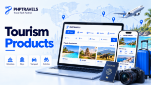Tourism products guide thumbnail with PHPTRAVELS logo, attractions, stays, transport and activities icons, and a laptop showing destination cards