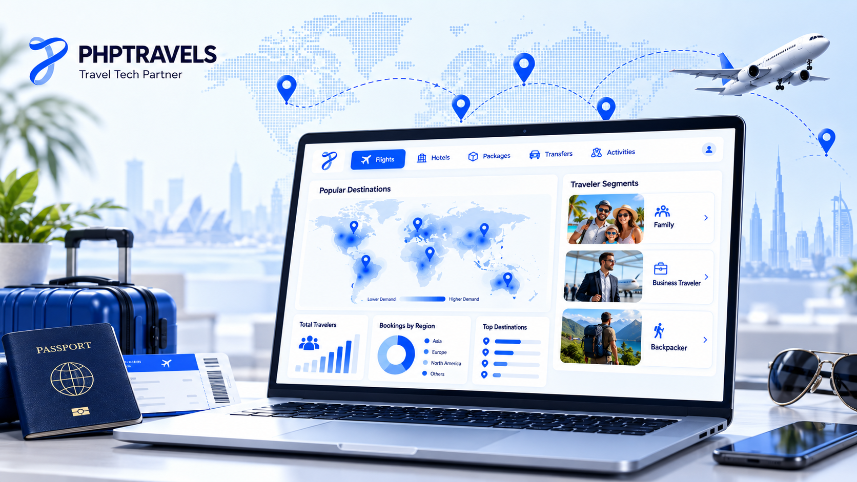 Market analysis dashboard with a destination heat map, donut chart and family, business and backpacker traveller persona cards