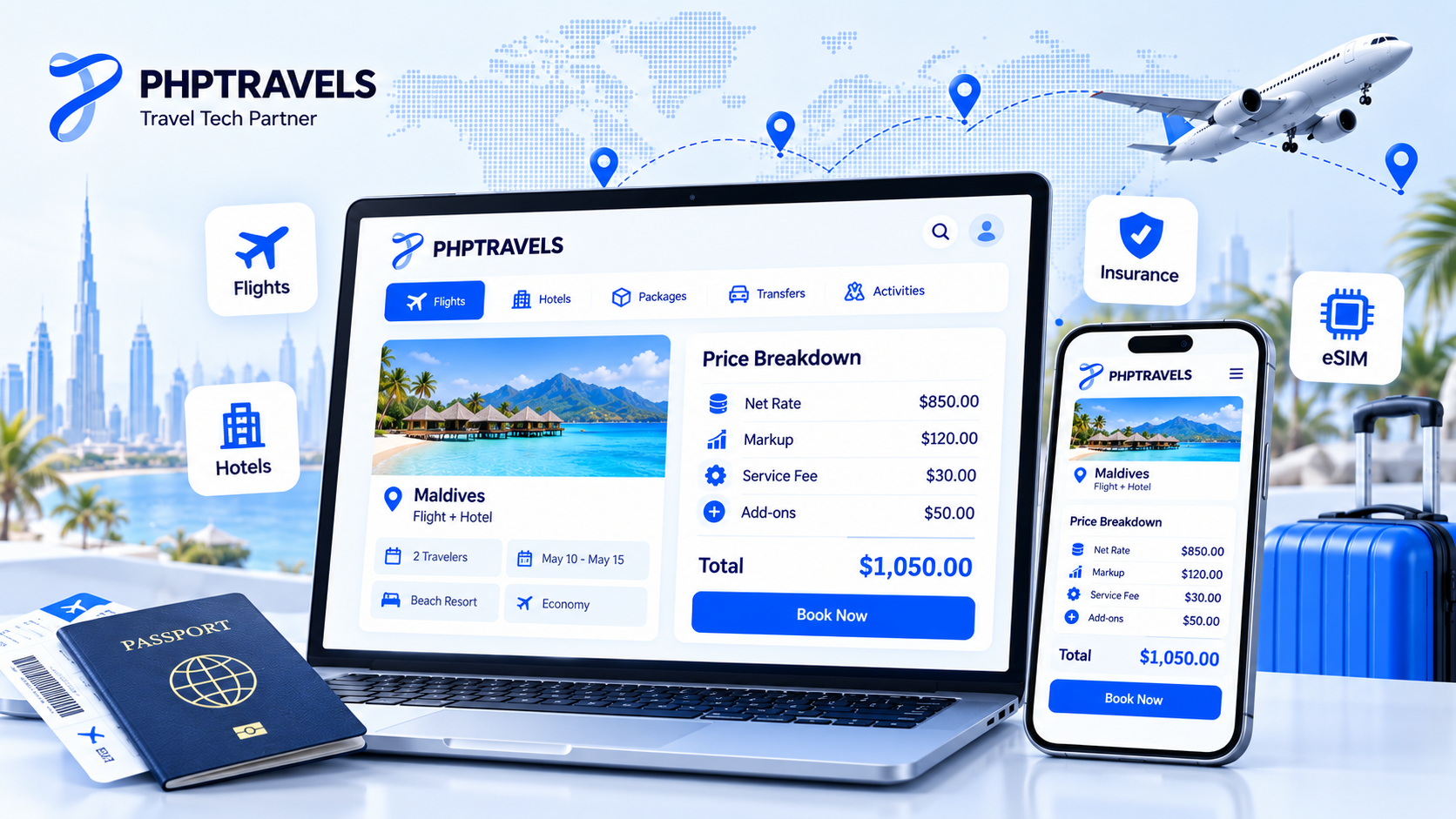 Booking price breakdown showing net rate, markup, service fee and add-ons, with flight, hotel, insurance and eSIM icons