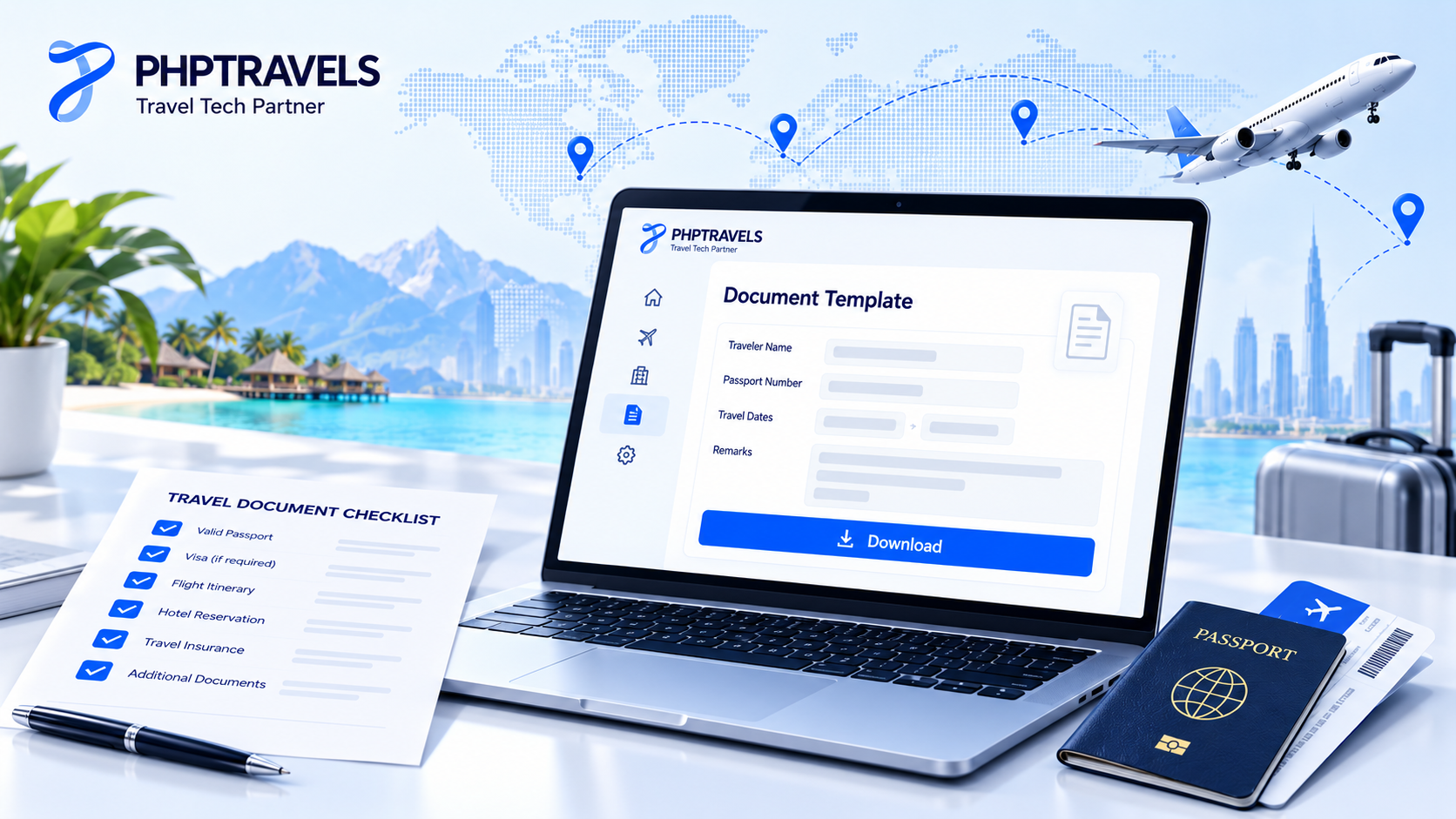 Fill-in travel agency business plan template on a laptop with a download button, a ticked checklist, passport and boarding pass