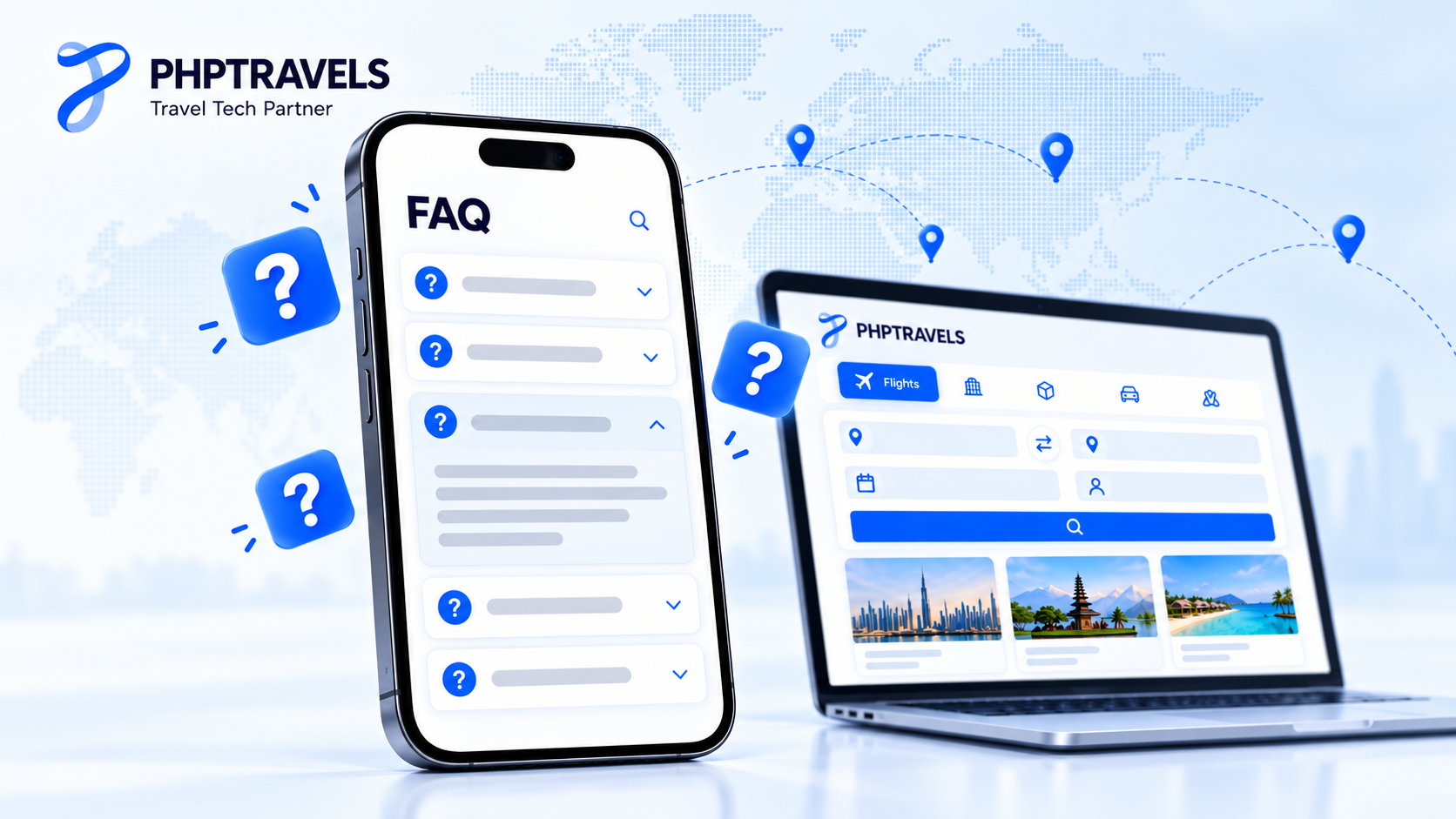 Smartphone FAQ screen with question rows and one expanded answer about writing a travel agency business plan