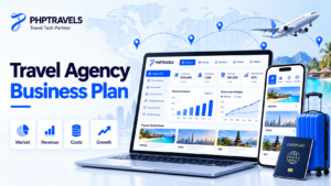 Travel agency business plan thumbnail with PHPTRAVELS logo, a laptop business-plan dashboard with revenue and break-even charts, and a phone booking screen