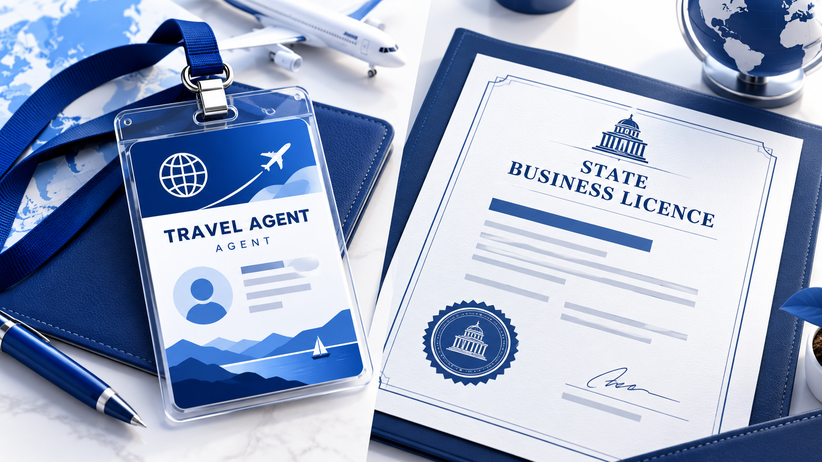 Illustration comparing travel business registration paperwork with industry membership concepts