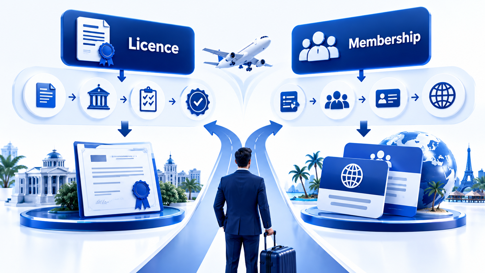 Two-path flowchart comparing legal licence and industry membership