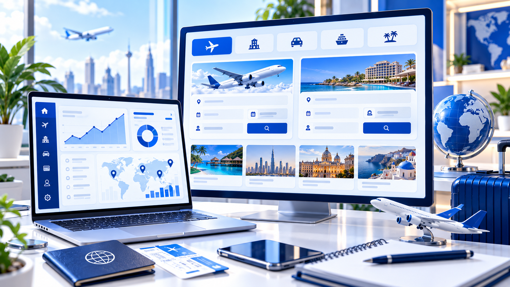 Travel booking software dashboard mockup in PHPTRAVELS navy and white