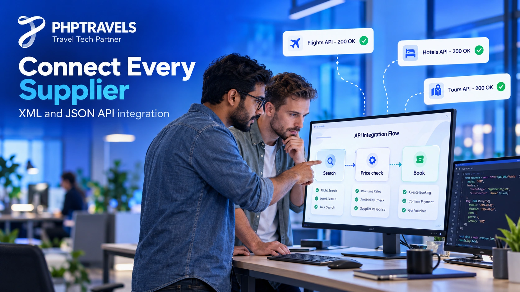 Travel booking engine development diagram with GDS, XML and JSON supplier API integration for flights and hotels