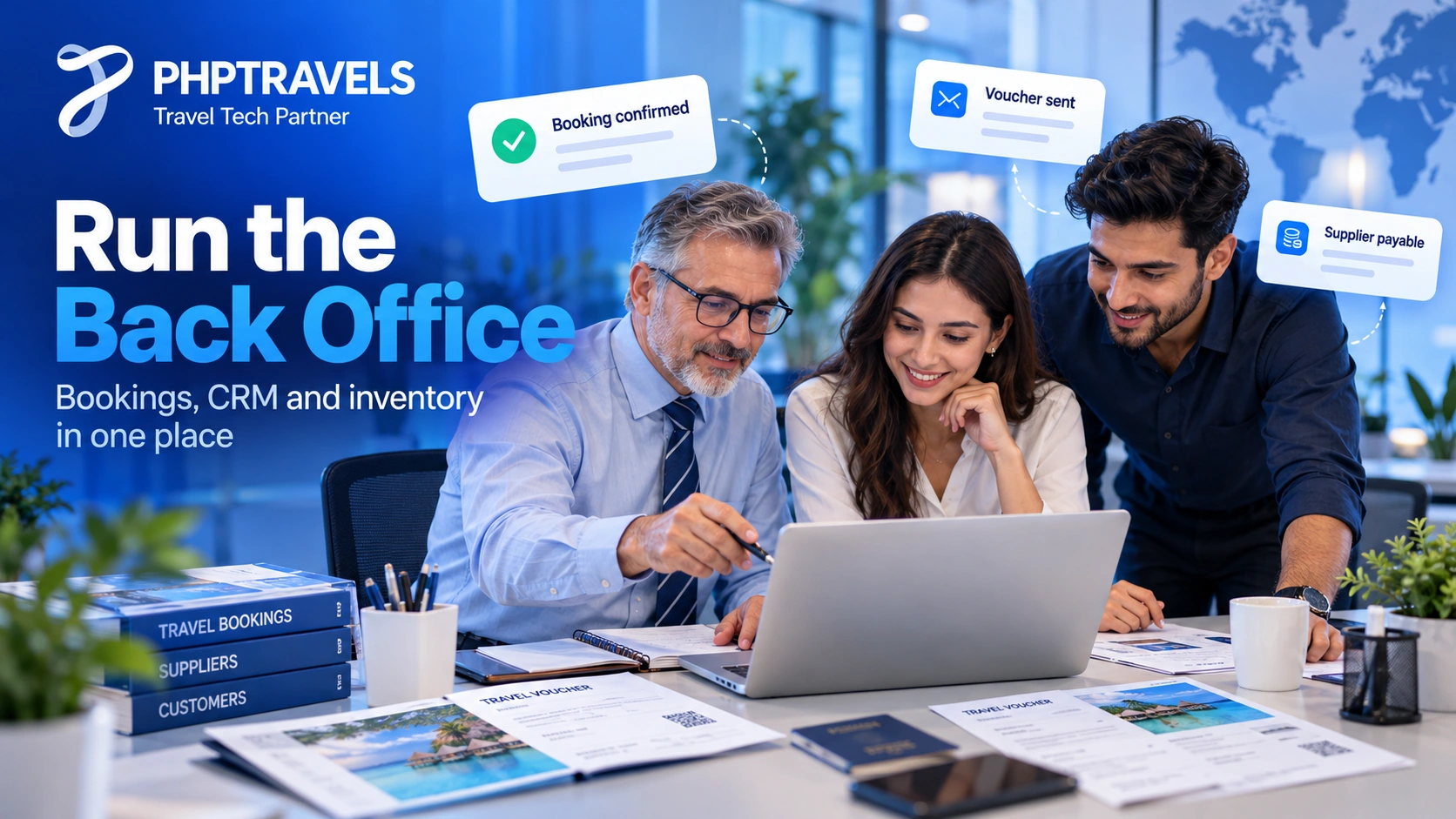 Travel CRM software and back office dashboard managing bookings, agents and supplier inventory in a travel portal