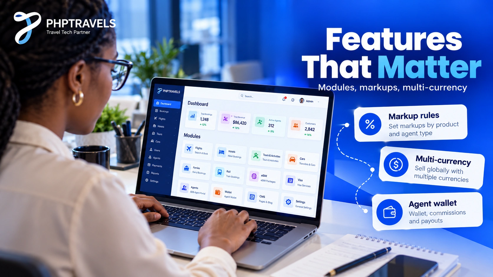 Travel portal software features dashboard: booking modules, markups, multi-currency and agent portal controls