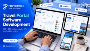 Travel portal software development: developer hands on laptop with B2B and B2C travel portal dashboards, supplier APIs and booking engine
