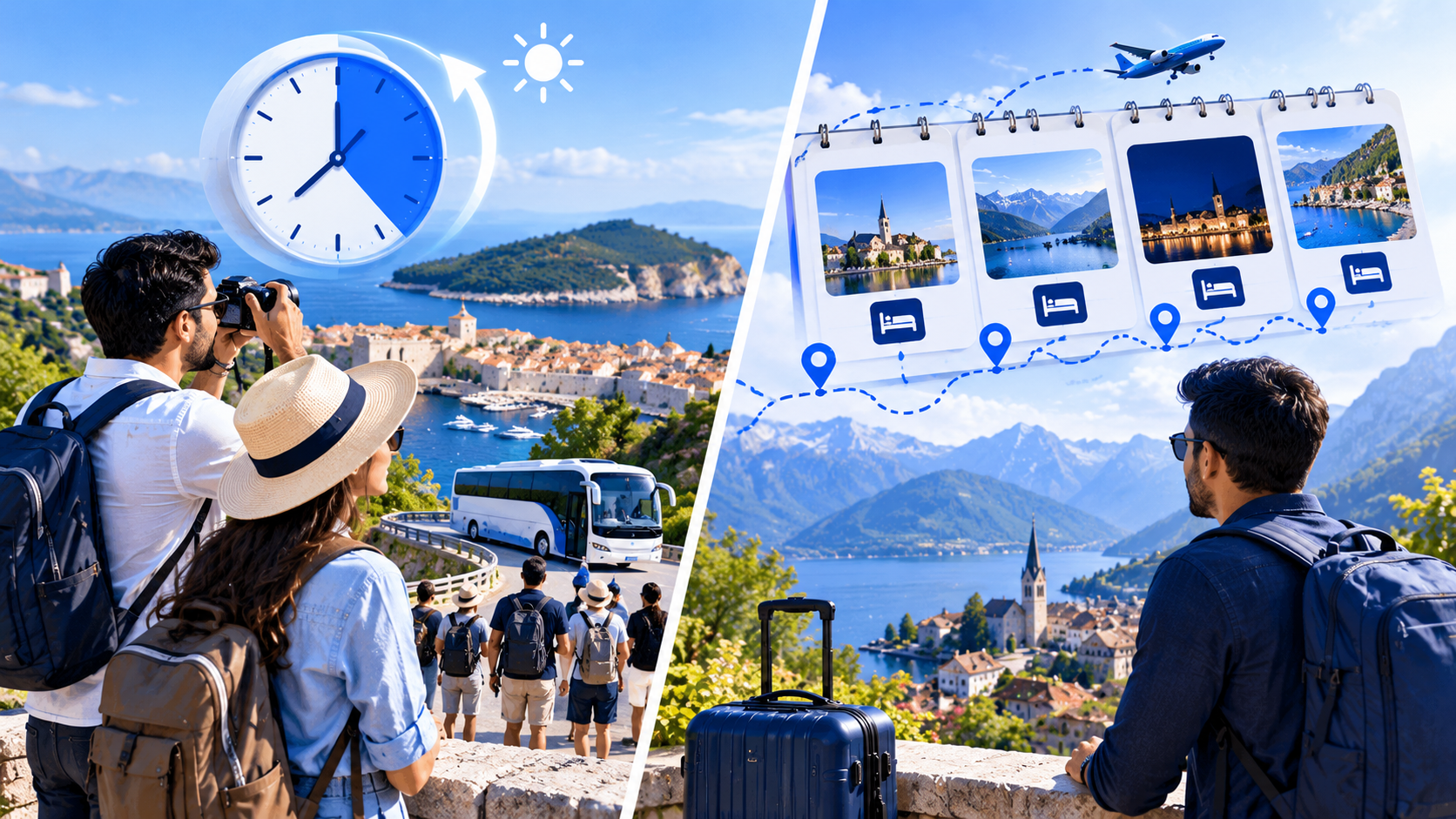 Day excursion clock icon next to multi-day itinerary calendar path