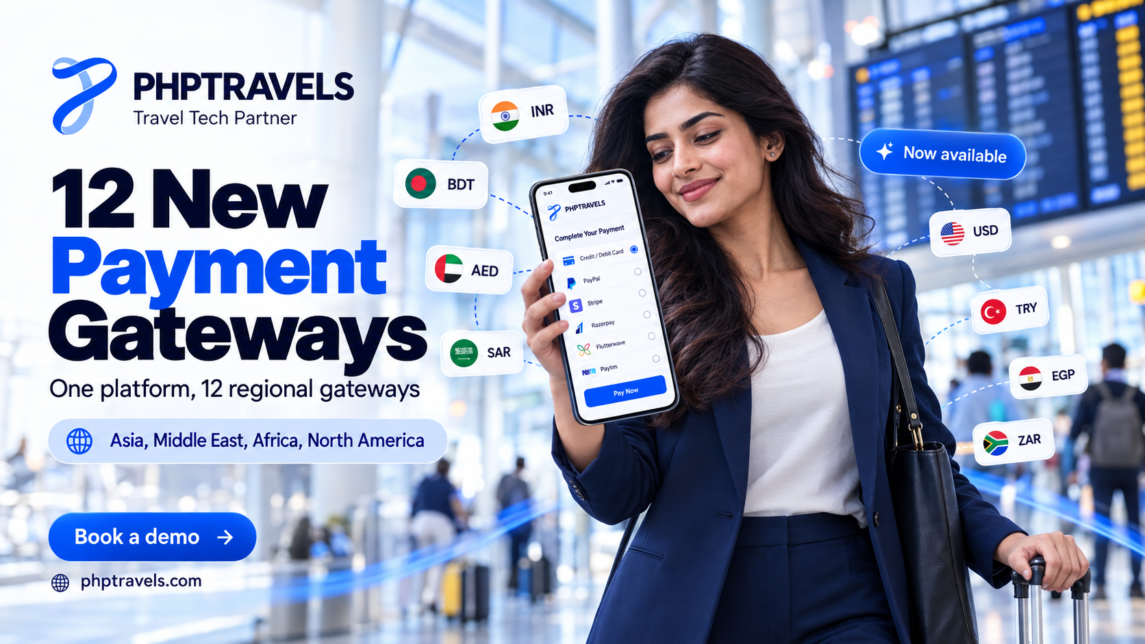 PHPTRAVELS admin showing the 12 new payment gateway integrations and their currencies