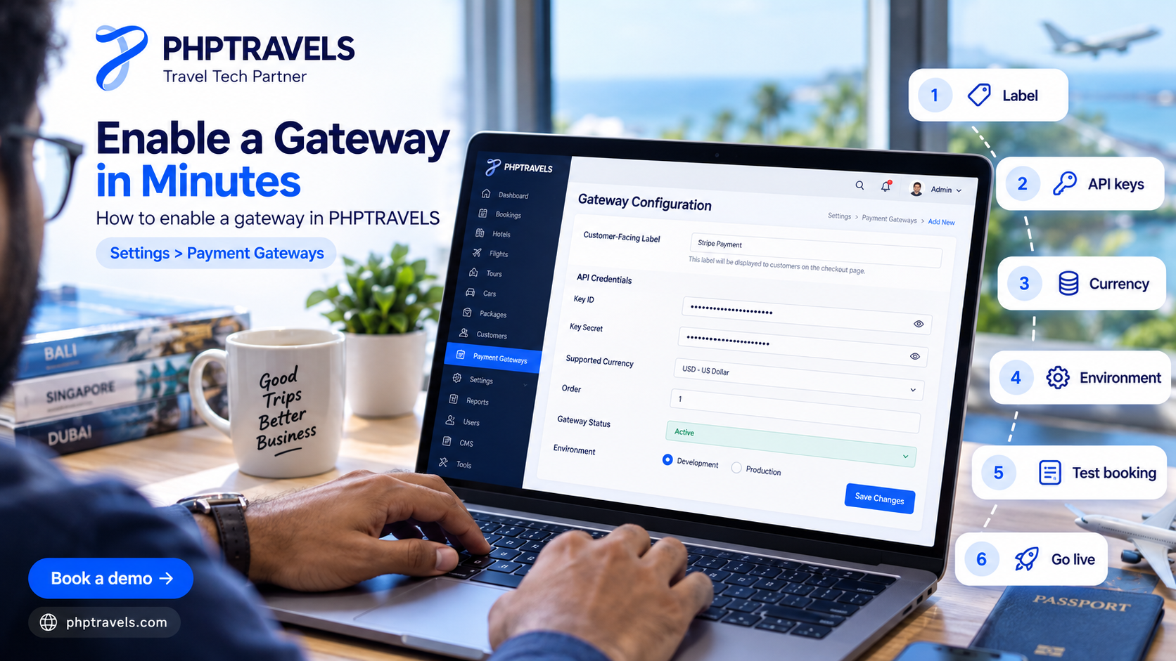 Configuring API keys, currency and environment for a payment gateway in the PHPTRAVELS admin