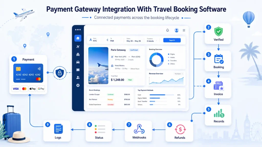 Payment gateway integration with travel booking software showing payment verification, booking confirmation, invoices, records, refunds, webhooks, payment status, and transaction logs.