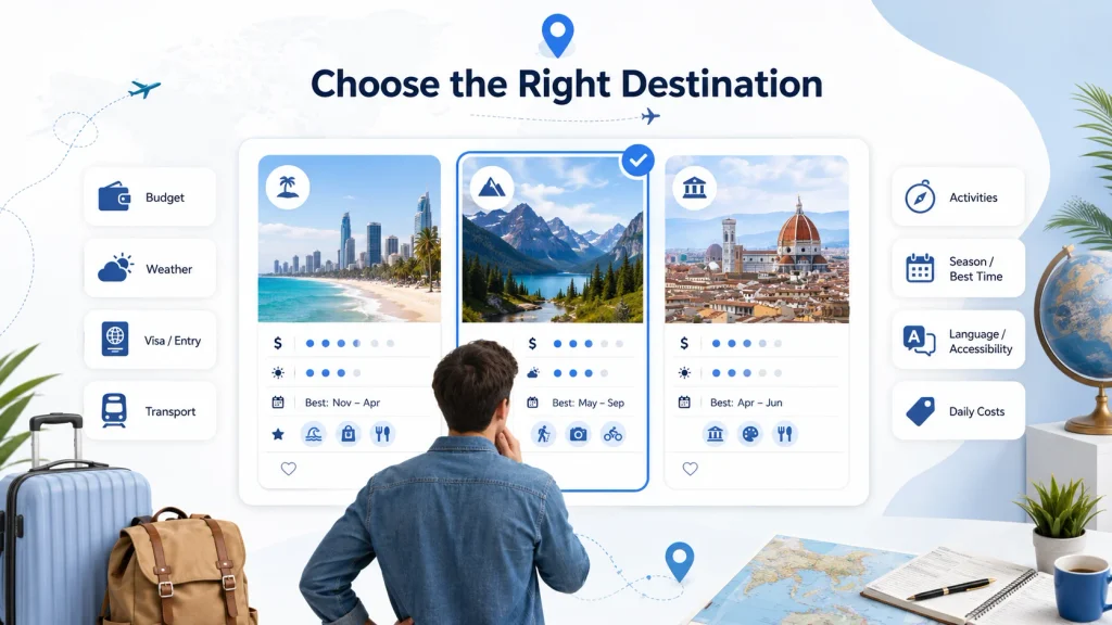 Traveler comparing destinations based on budget, weather, visa requirements, transport, activities, season, accessibility and daily costs.