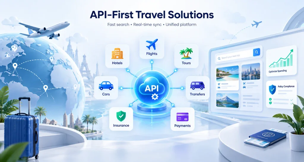 API-first travel solutions connecting flights, hotels, tours, cars, transfers, insurance and payments with real-time inventory, policy controls and travel spending optimization.