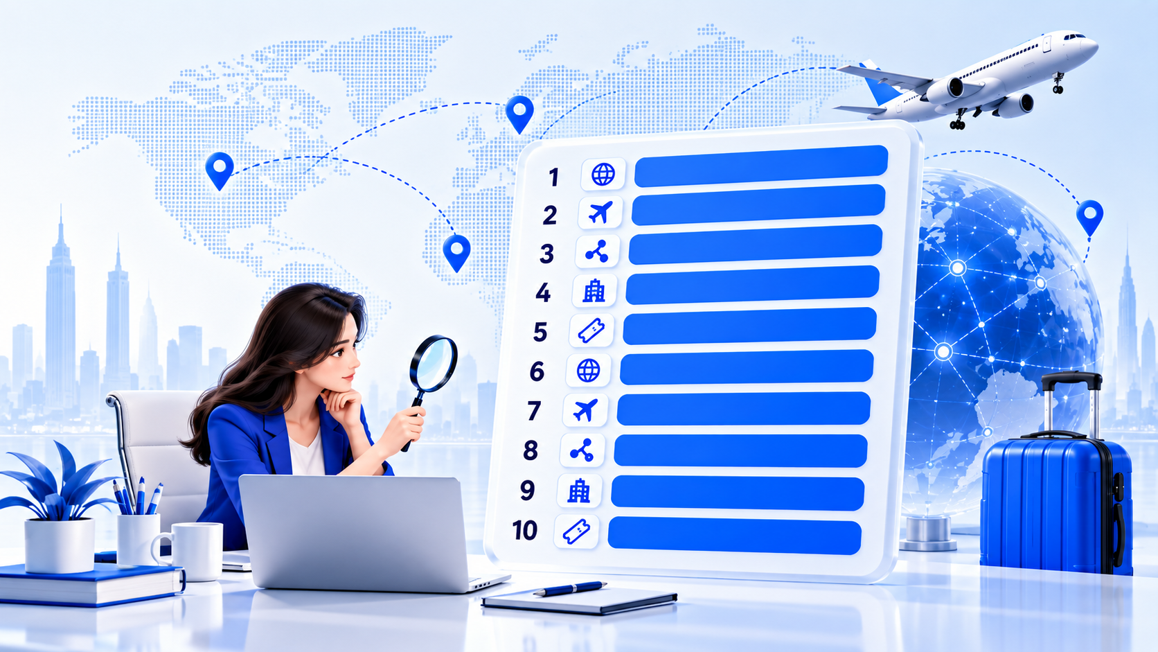 Travel agent reviewing a ranked list of the 10 best flight suppliers for travel agencies