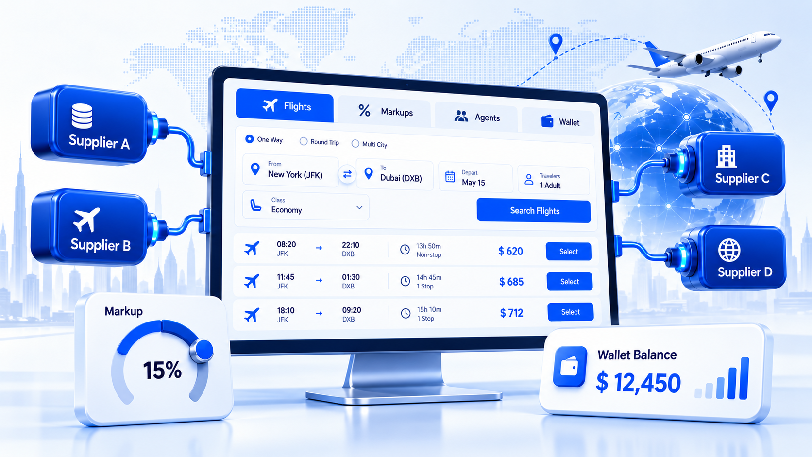 Booking platform connecting four flight suppliers with markup rules and an agent wallet balance