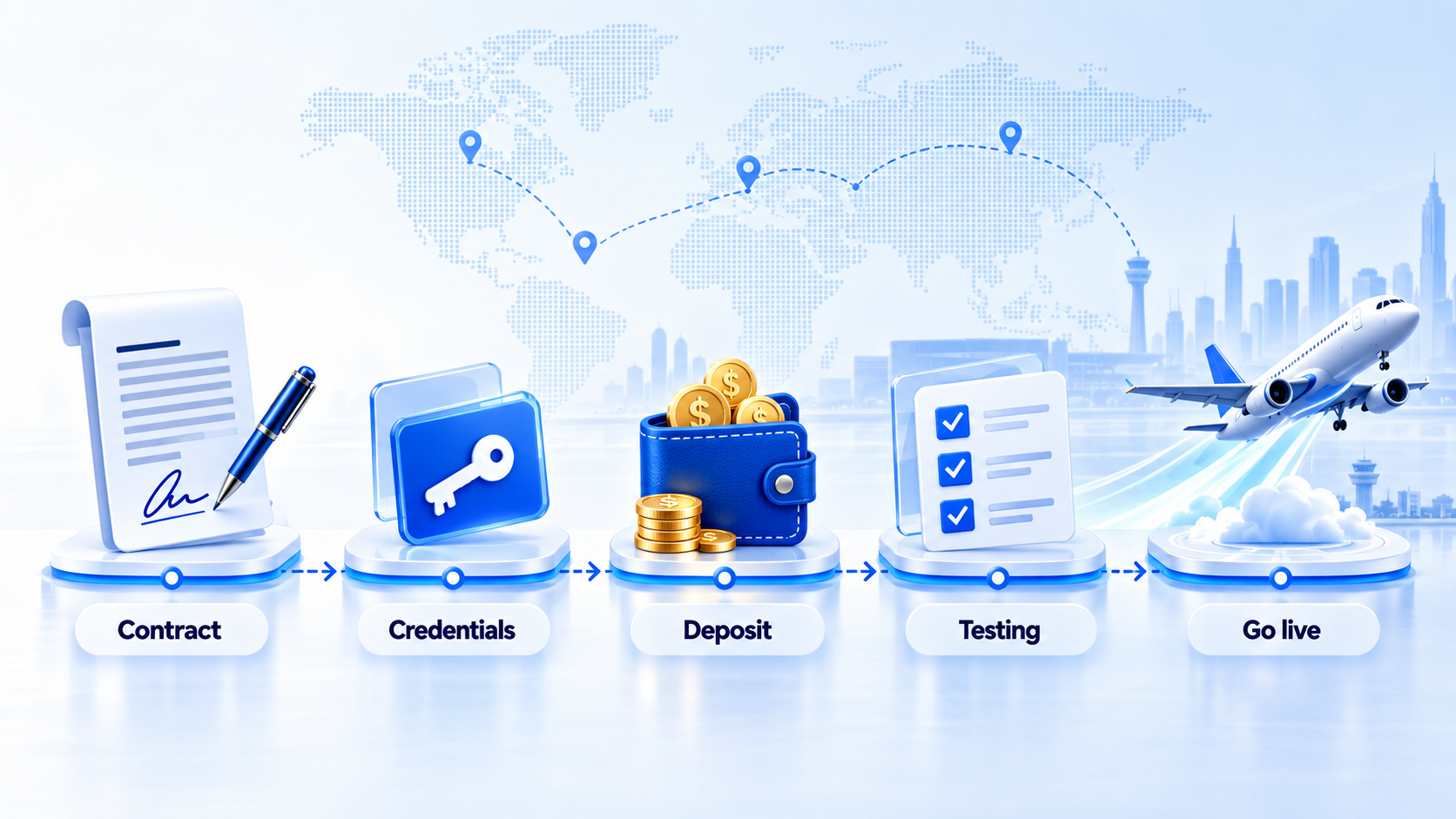 Flight supplier onboarding path from contract and credentials to deposit, testing and go live